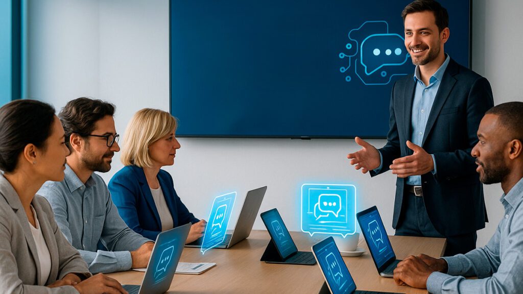 Treinamento em ChatGPT para empresas com equipe em sala de reunião interagindo com tecnologia de IA