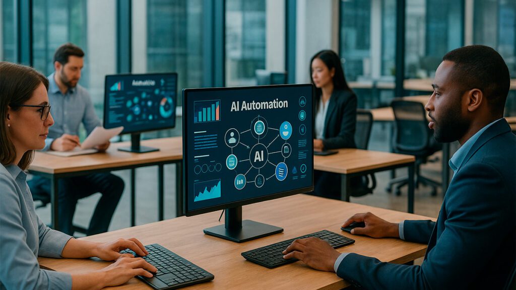 Profissionais utilizando Inteligência Artificial para automatizar tarefas corporativas em diferentes áreas da empresa