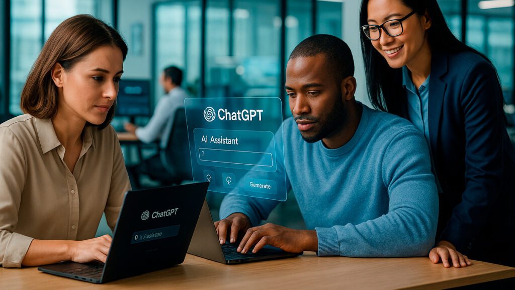 Profissionais configurando um assistente no ChatGPT em ambiente corporativo