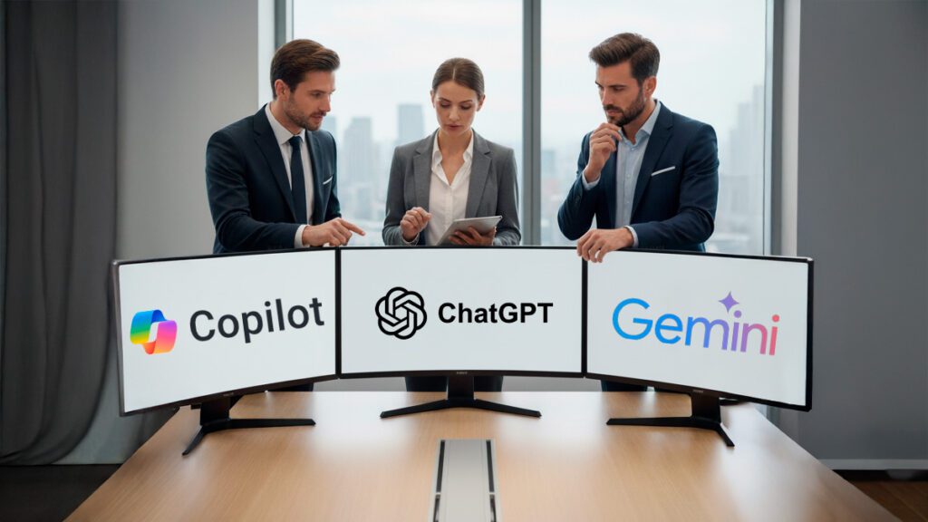 Comparativo entre Copilot, ChatGPT e Gemini em ambiente corporativo moderno