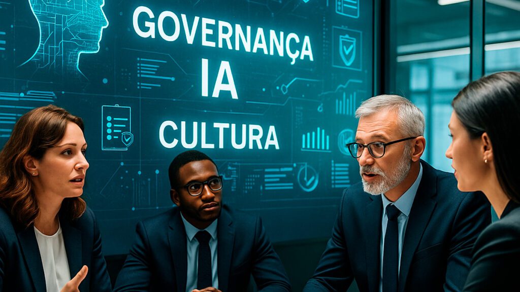 Profissionais em reunião discutindo governança e cultura de uso de Inteligência Artificial nas empresas