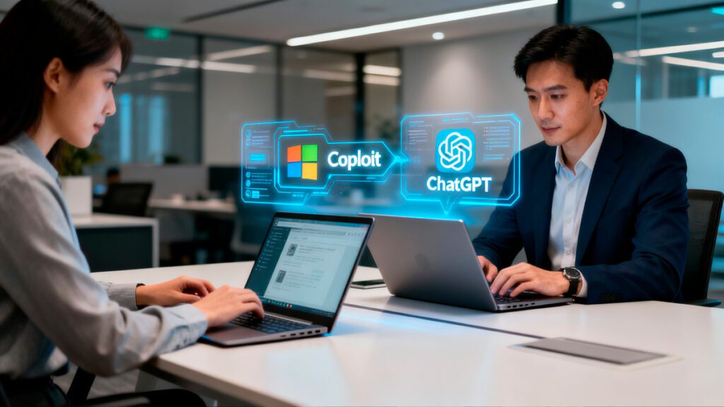 Profissionais de escritório usando simultaneamente Copilot e ChatGPT em notebooks e telas de colaboração corporativa.