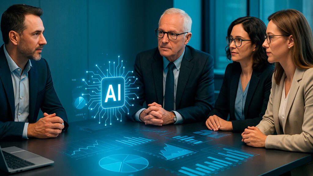 líderes e equipe discutindo cultura organizacional para adoção de inteligência artificial