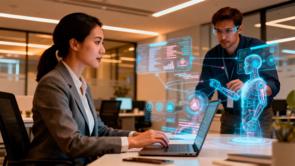 Líderes e especialistas em tecnologia conectados por hologramas de dados e IA em ambiente corporativo moderno, representando integração entre pessoas e inovação.