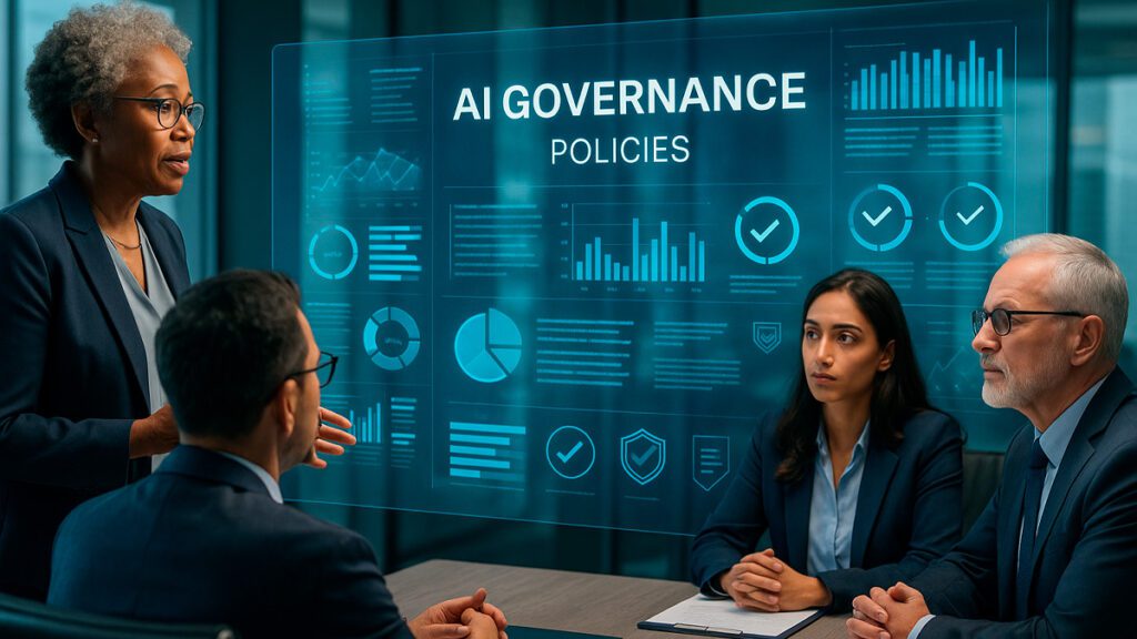 Executivos e especialistas em tecnologia discutindo governança de IA em uma sala corporativa moderna