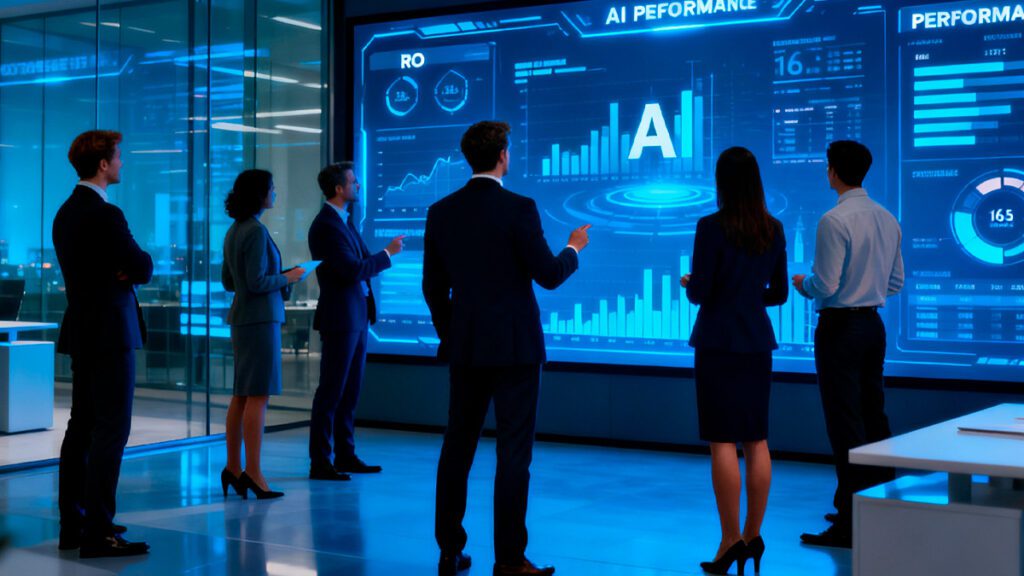 Executivos analisando indicadores de desempenho e ROI em um painel digital de Inteligência Artificial em ambiente corporativo moderno.