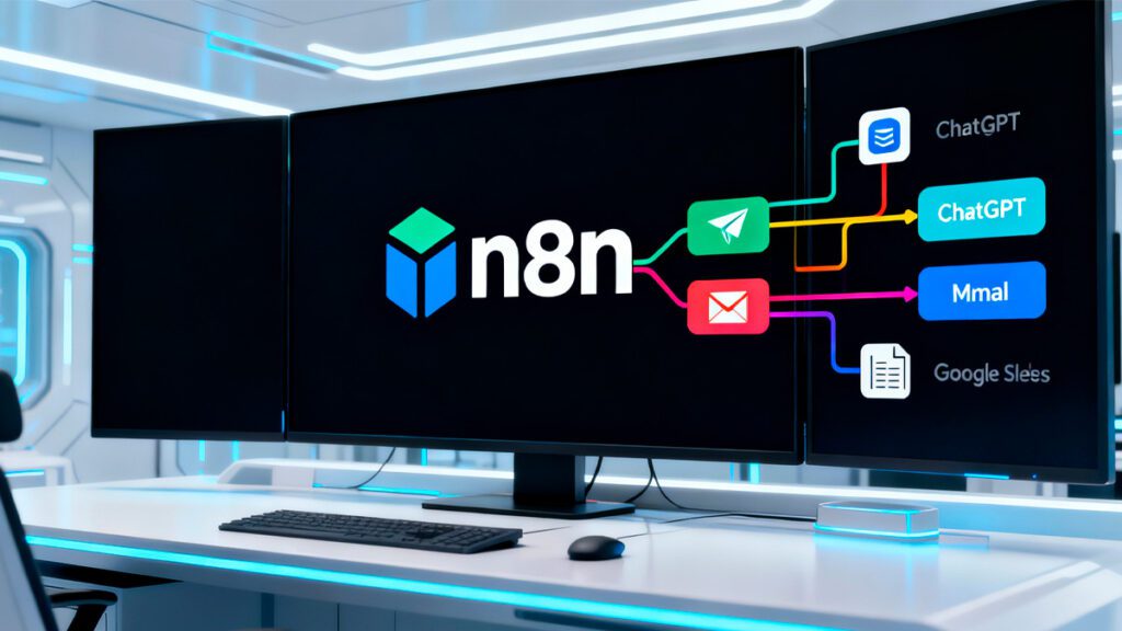 Interface visual do n8n com fluxos automatizados e integrações com ChatGPT e outros sistemas em ambiente corporativo moderno.