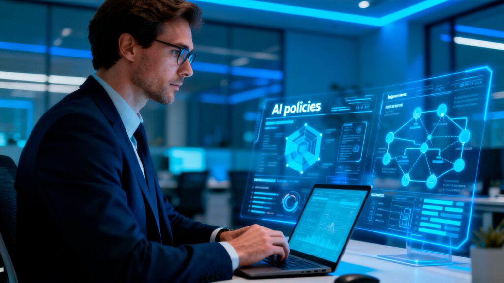 Profissional analisando políticas internas de Inteligência Artificial em ambiente corporativo moderno com tela digital exibindo regras e fluxos.