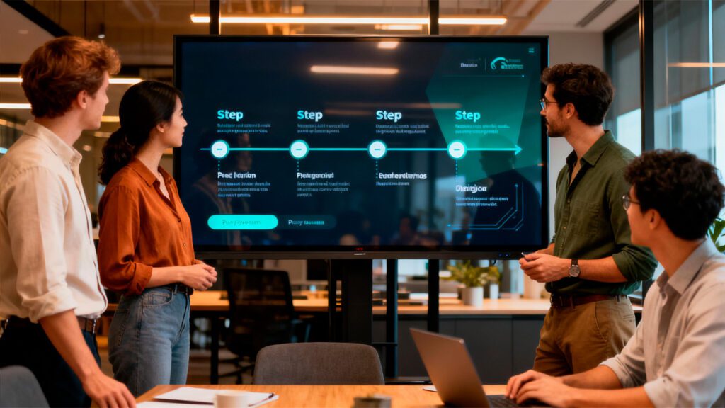Equipe empresarial analisando plano de implementação de inteligência artificial com tela digital interativa