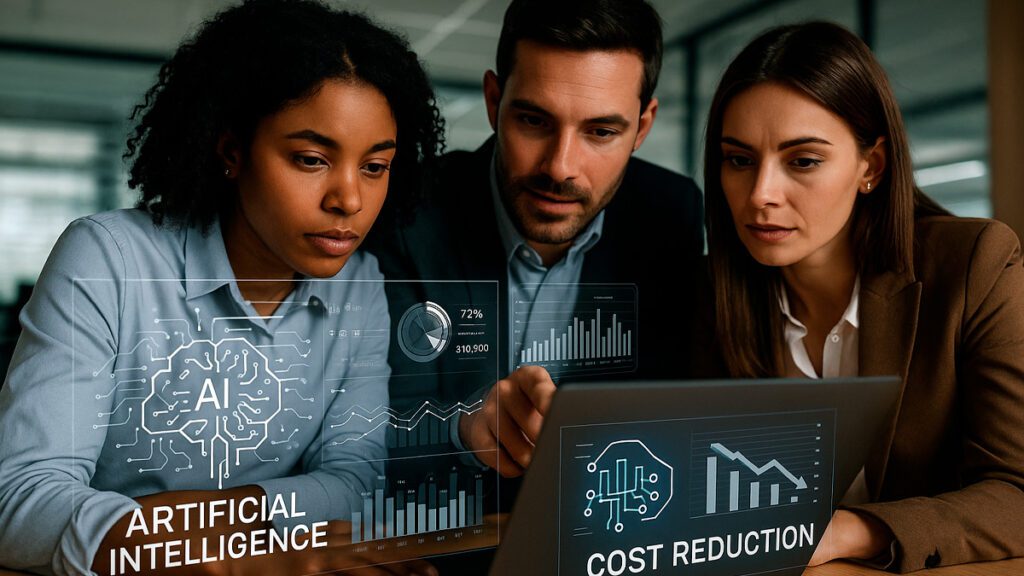 Equipe corporativa analisando dados de inteligência artificial para reduzir custos operacionais na empresa