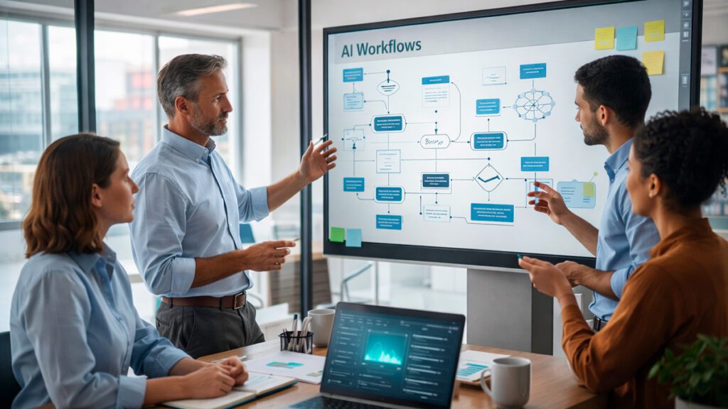 equipe corporativa discutindo treinamento em inteligência artificial