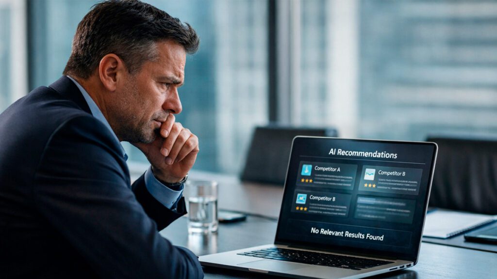 executivo percebendo que sua empresa não aparece nas recomendações de inteligência artificial