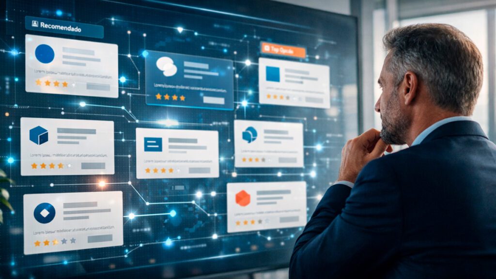 executivo analisando recomendações de empresas geradas por inteligência artificial