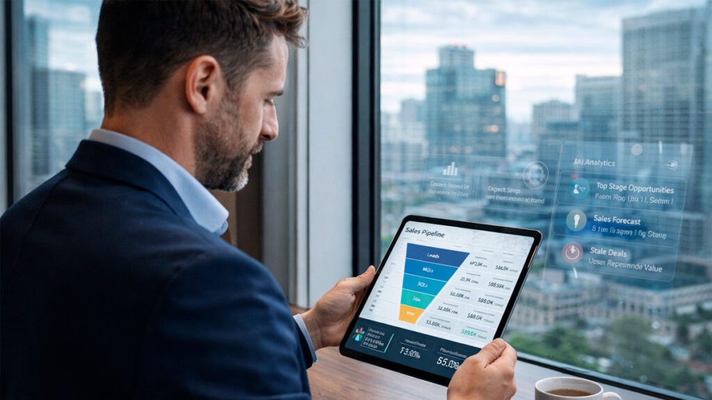 gerente comercial analisando dados de vendas com apoio de inteligência artificial