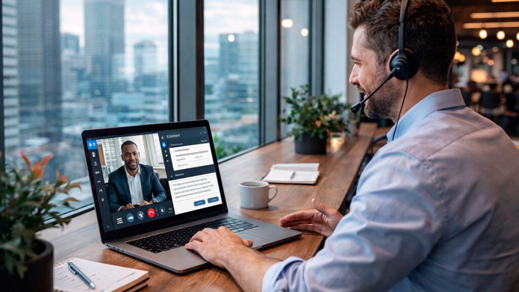 vendedor utilizando inteligência artificial para responder cliente durante reunião de vendas