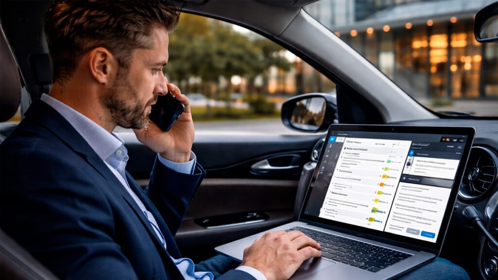 Profissional de vendas usando inteligência artificial para pesquisar novos clientes em notebook