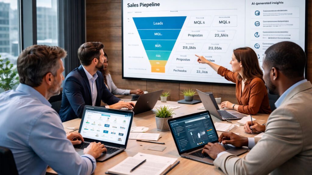 equipe comercial utilizando inteligência artificial para melhorar resultados de vendas