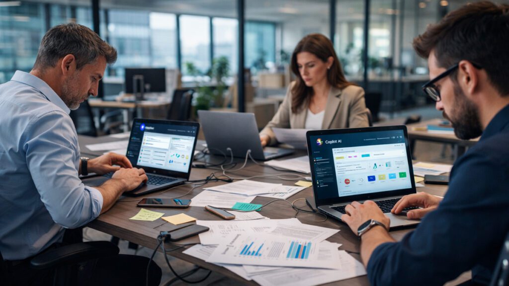 Profissionais utilizando diferentes ferramentas de inteligência artificial de forma isolada dentro de empresa