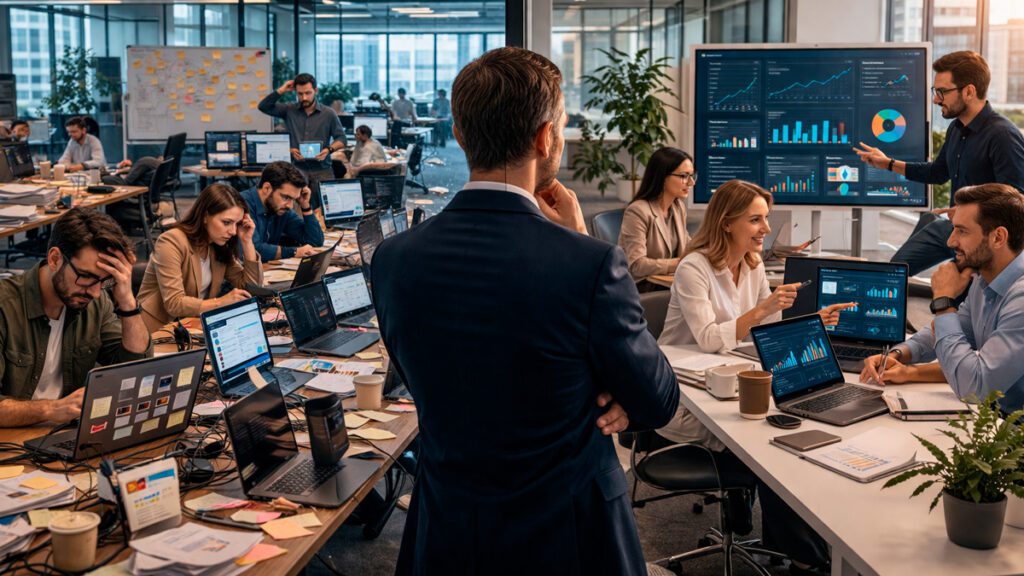 Comparação entre uso desorganizado e estruturado de inteligência artificial em empresa mostrando custo versus investimento