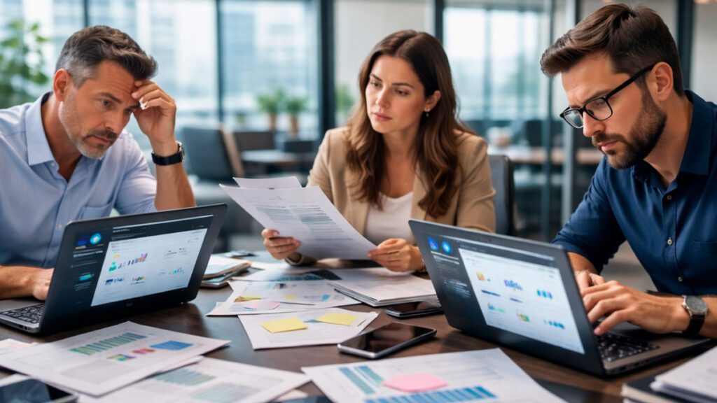 Equipe corporativa utilizando diferentes ferramentas de IA de forma desorganizada em ambiente empresarial
