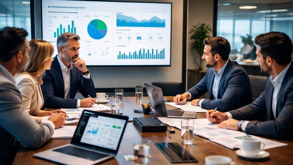 Executivos analisando decisão estratégica sobre investimento em inteligência artificial na empresa