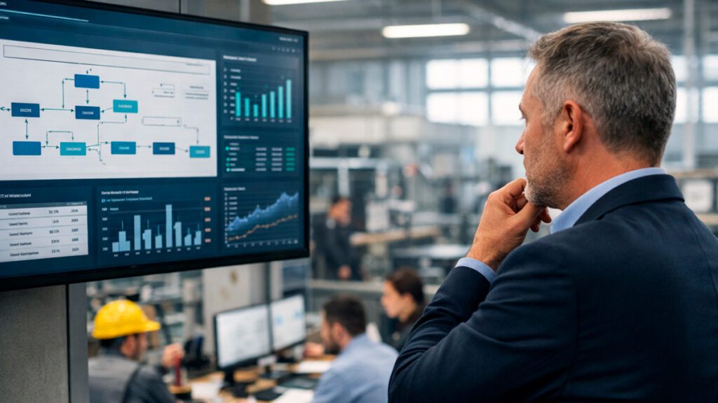 Gestor analisando onde aplicar inteligência artificial na empresa em ambiente industrial