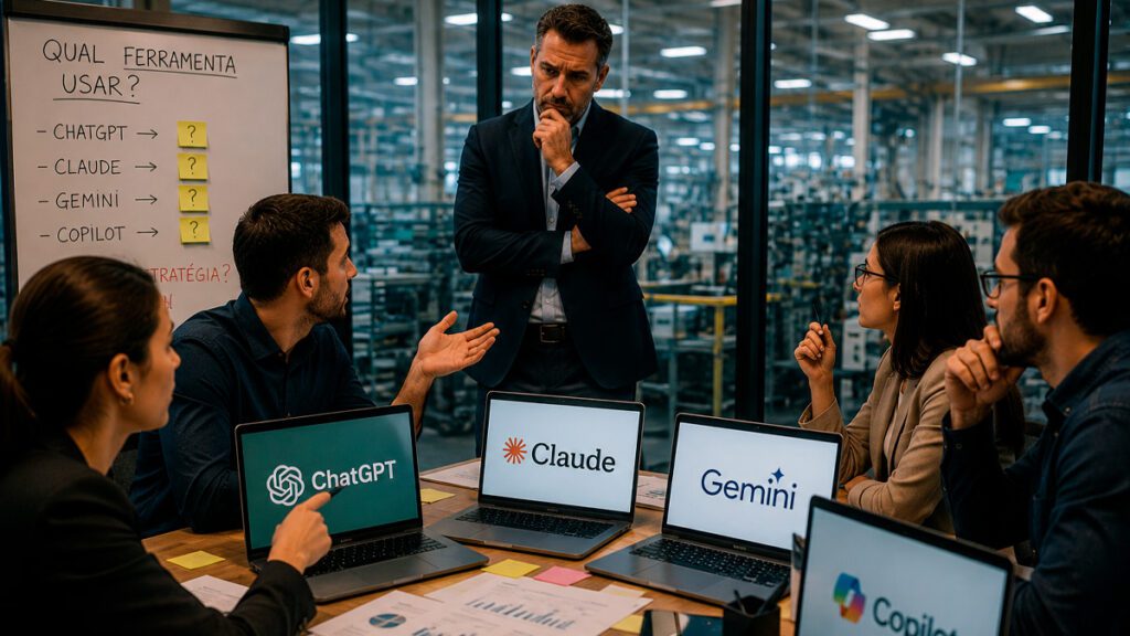Equipe corporativa discutindo ferramentas de IA sem alinhamento estratégico