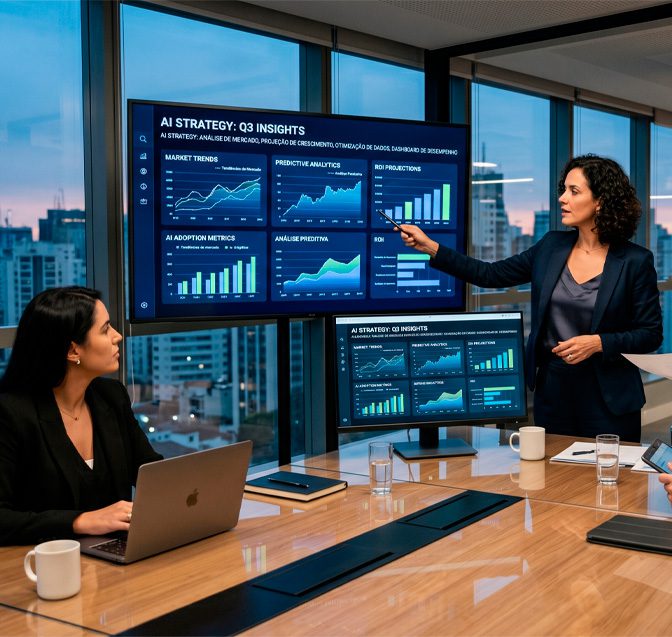 Executivos estruturando o uso de IA para empresas em ambiente corporativo