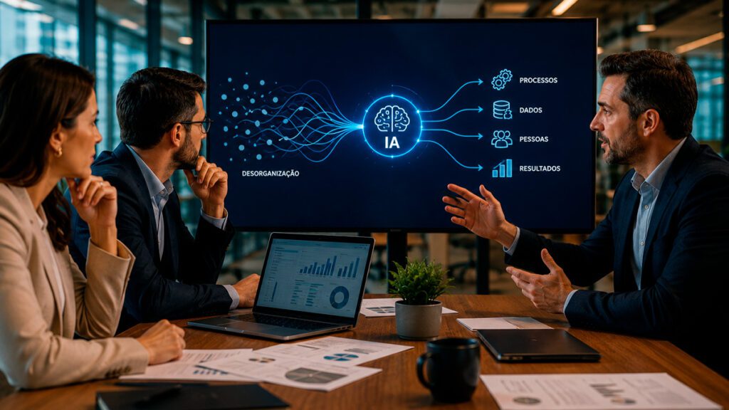Executivos analisando como a Inteligência Artificial potencializa processos e estrutura organizacional.